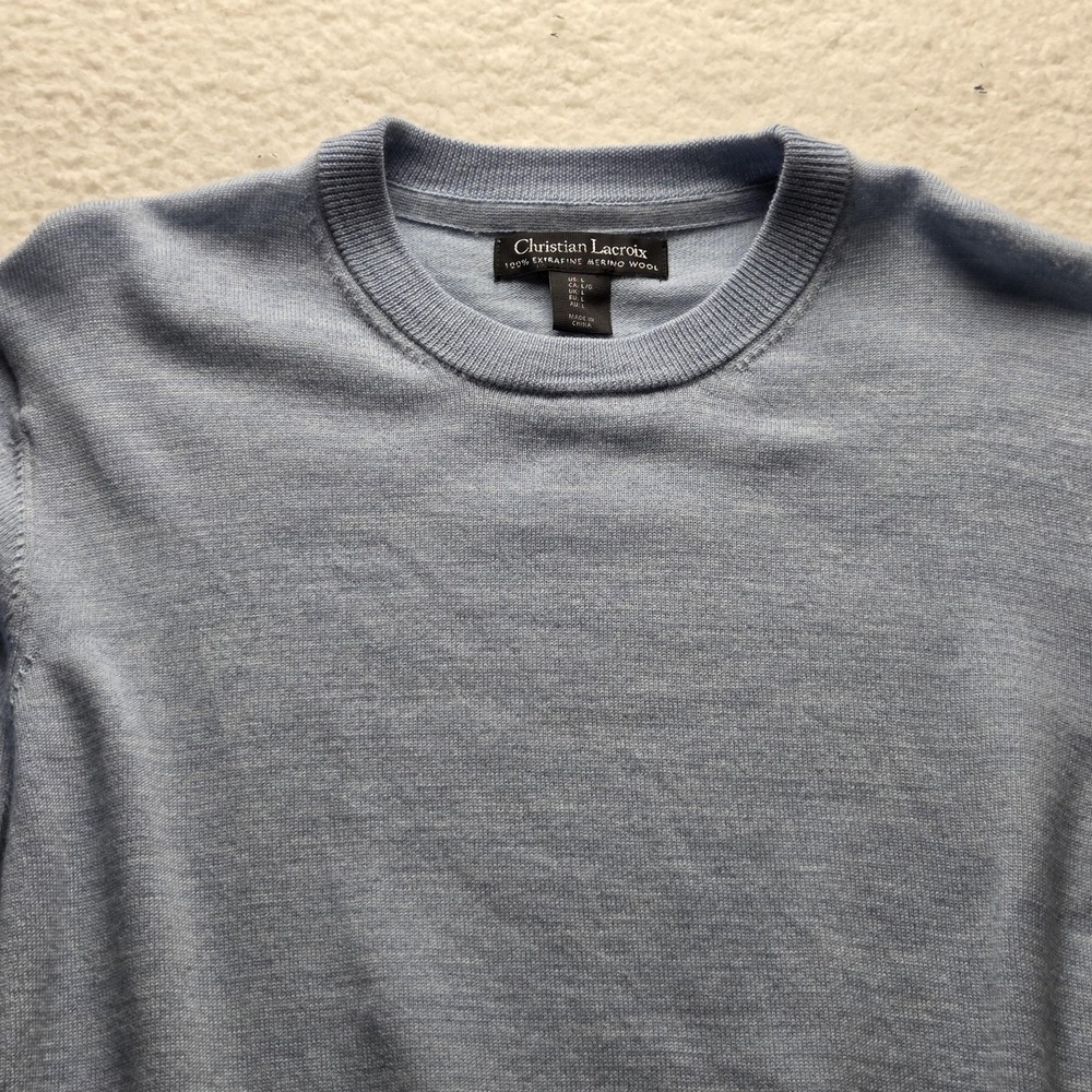 Christian Lacroix Sweater Mens Large Blue Merino Wool Crewneck Knit Pullover